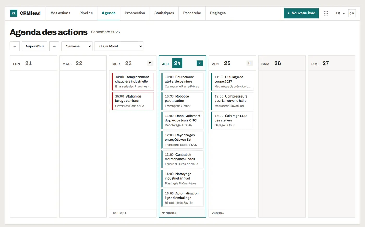 L'agenda des actions de CRMlead : une semaine, action par action, avec le montant de chaque jour