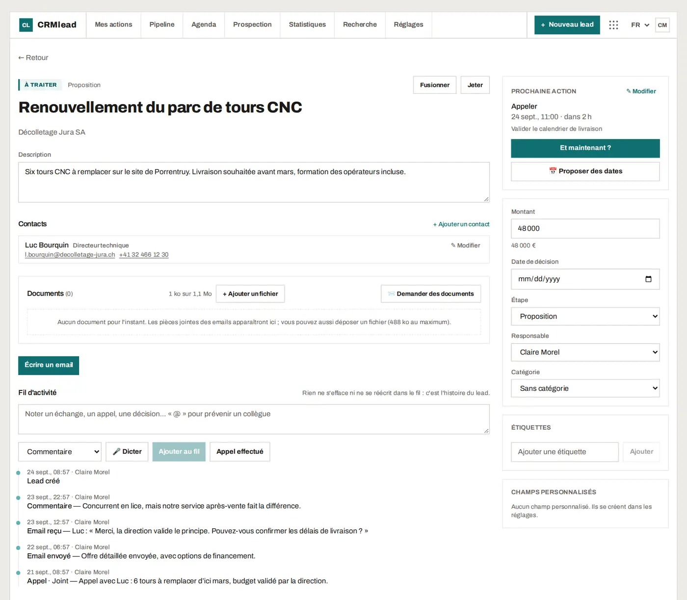 La fiche d'un lead : description, contact, fil d'activité avec emails et appels