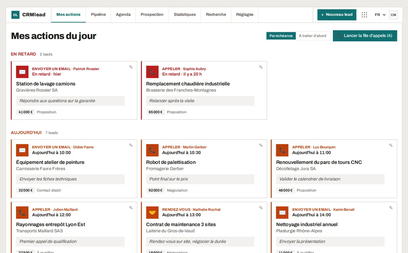 Mes actions du jour : les leads en retard et ceux du jour, avec l'action à faire